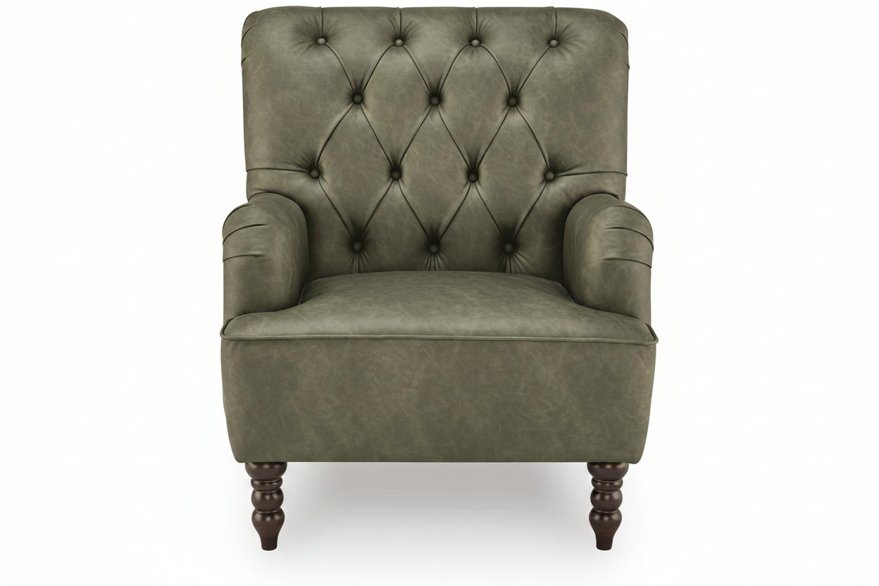 An upholstered armchair with a high back, diamond tufting, rolled arms, and dark turned wooden legs, shown on a plain white background.