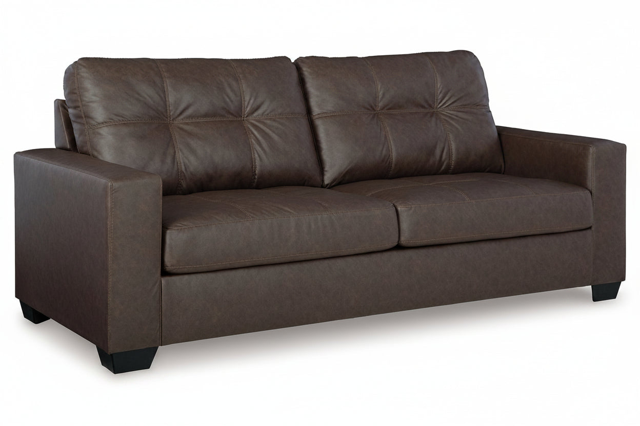 Brown Barlin Mills leather sofa on a white background.