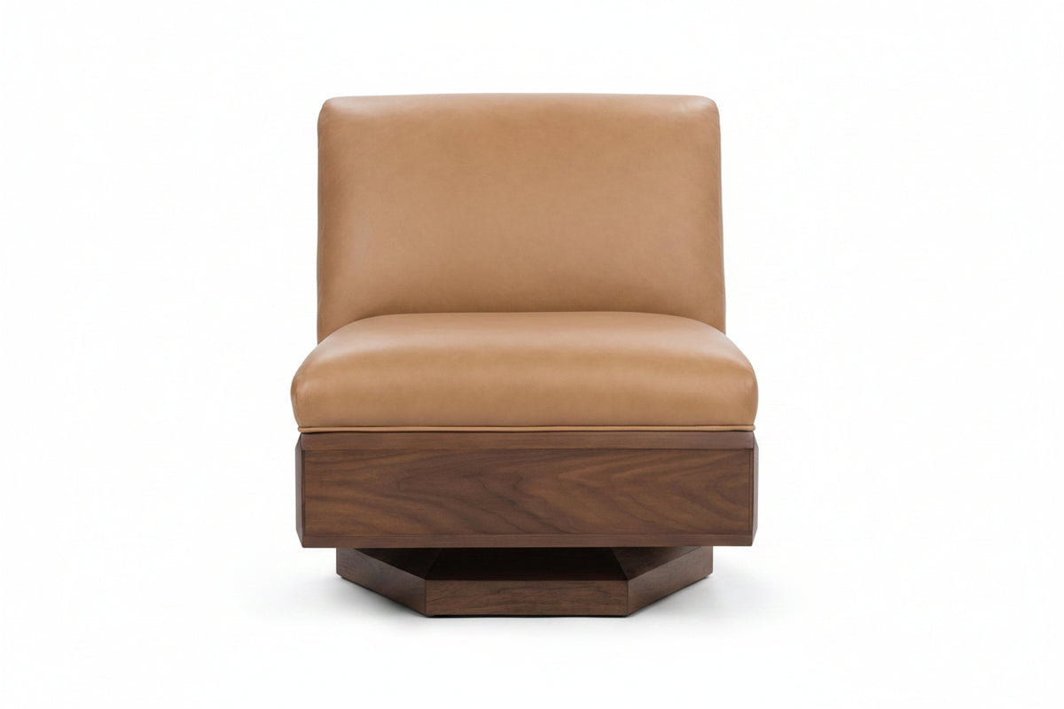 Brown leather chair with wooden base on a white background