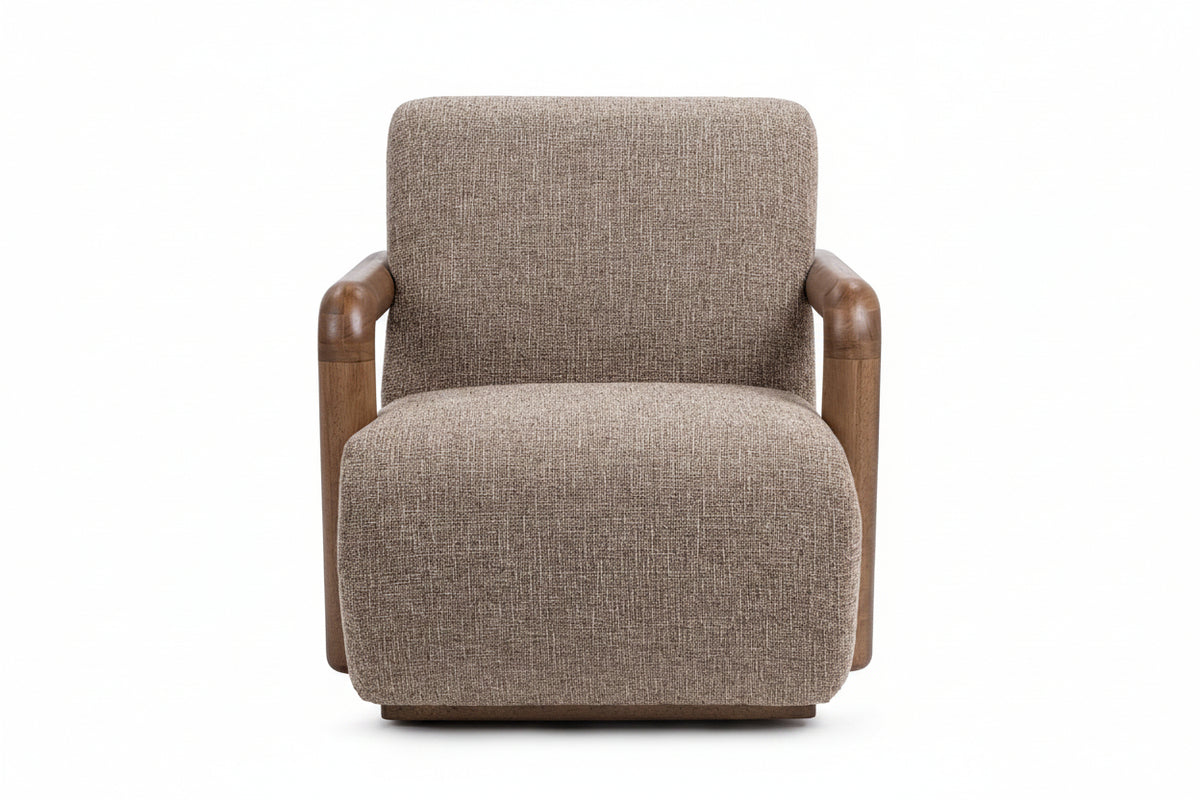Brown upholstered armchair with wooden arms on a white background