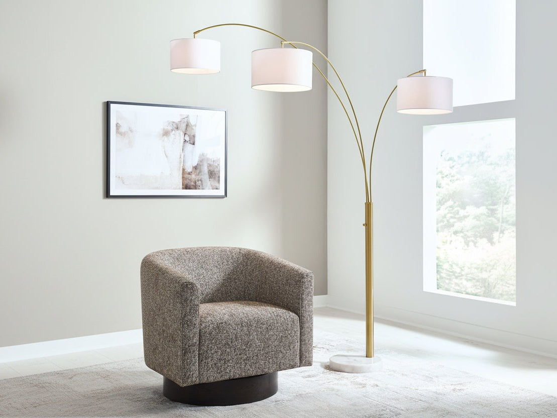 The Valo modern floor lamp with white lampshades in a living room setting.