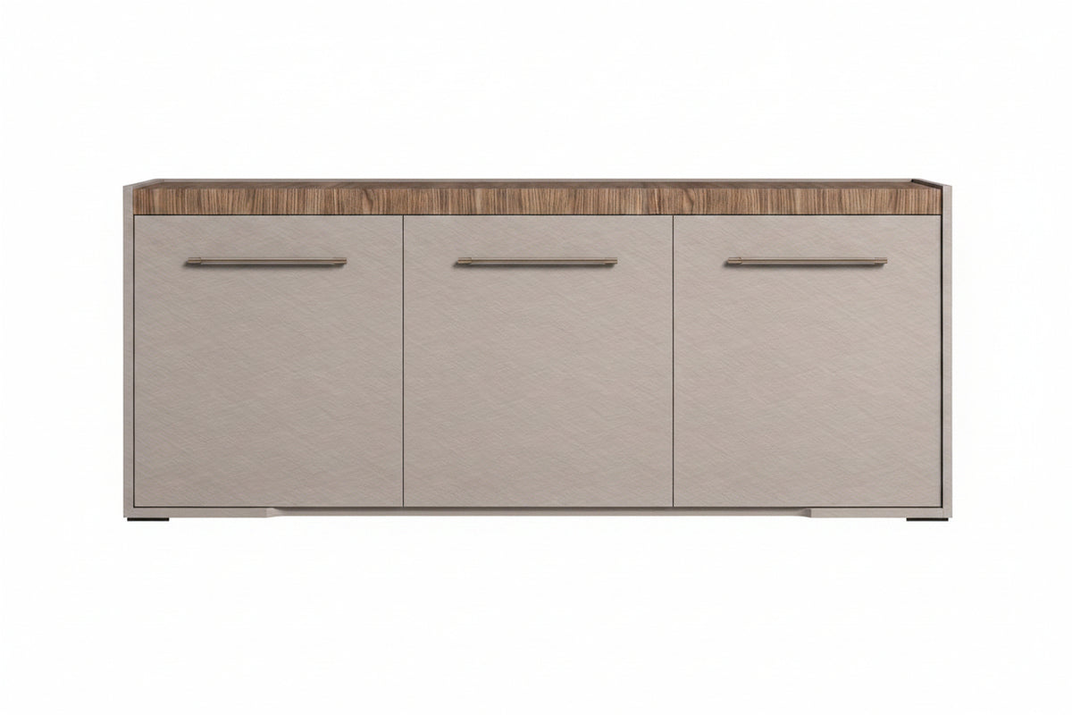 Beige sideboard with wooden top on a white background