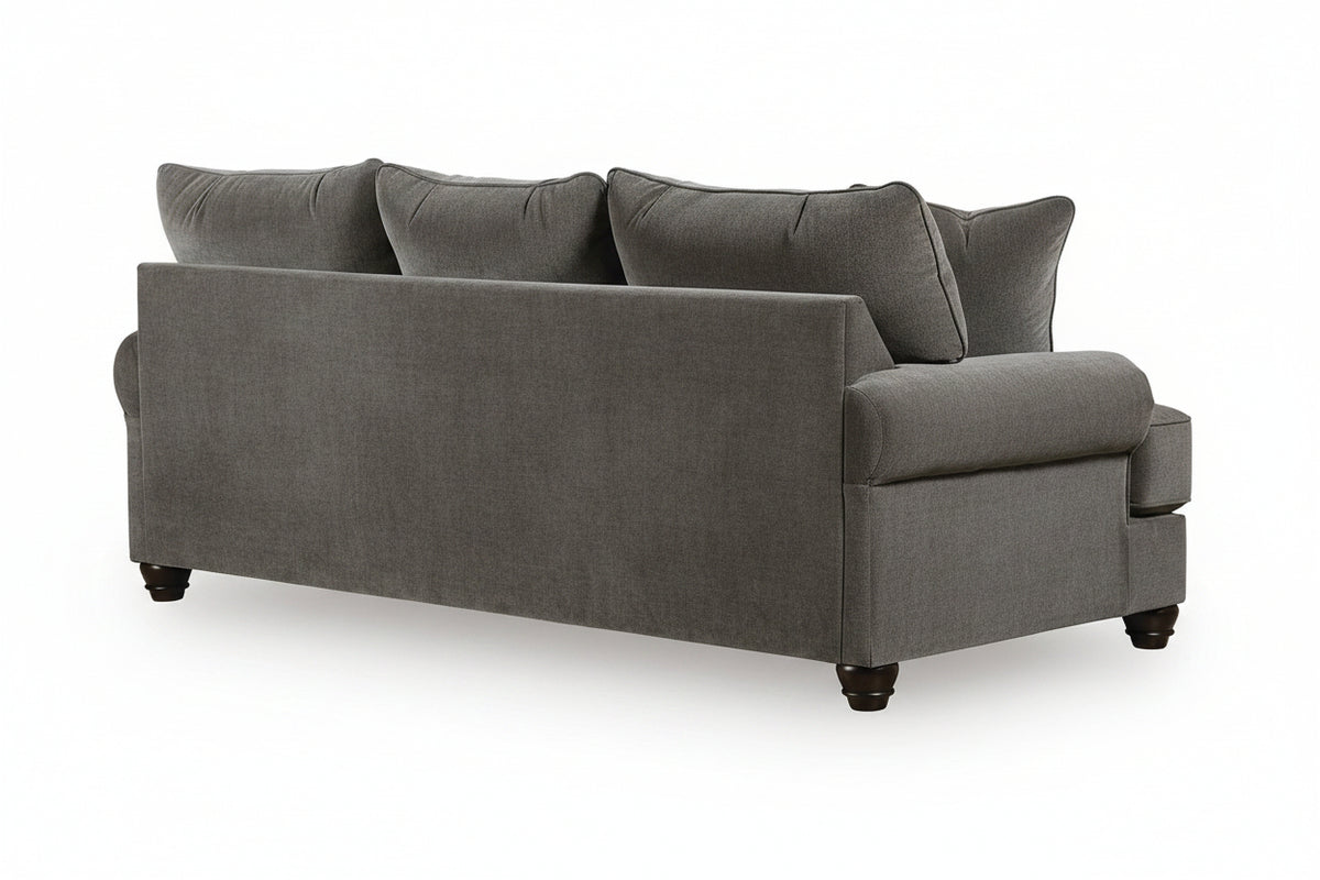 A gray upholstered loveseat or sofa shown from the back, featuring three back cushions, rolled arms, and dark wooden feet on a white background.