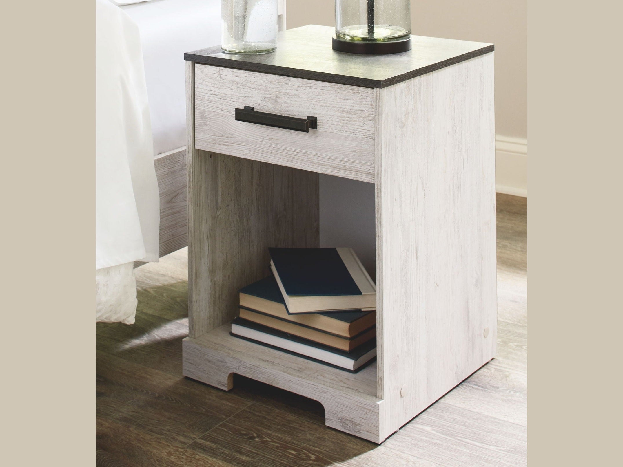 Shawburn - One Drawer Night Stand - Whitewash / Charcoal Gray