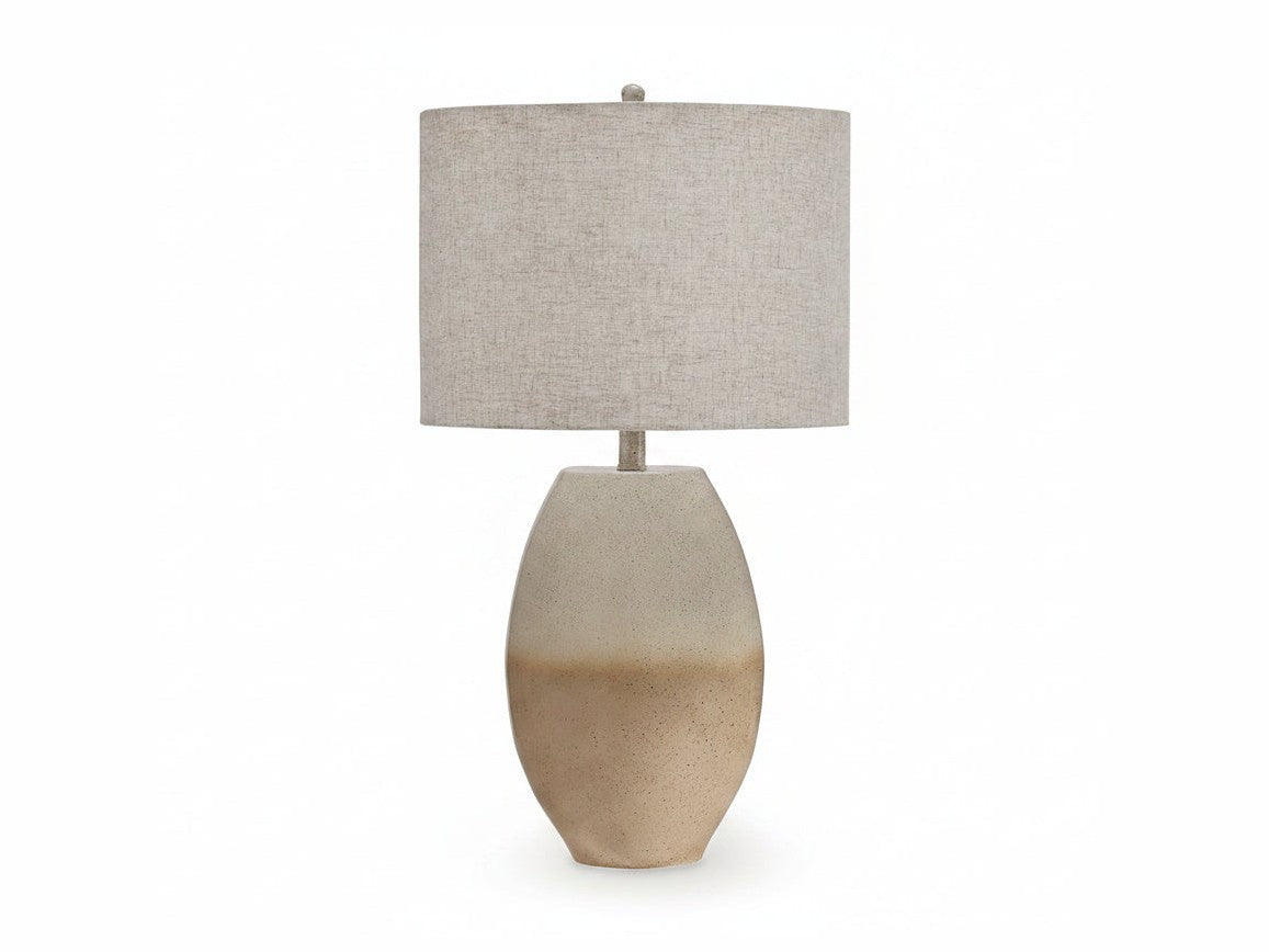 The Linas table lamp has a beige ceramic base and a textured gray shade on a white background.