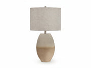 The Linas table lamp has a beige ceramic base and a textured gray shade on a white background.