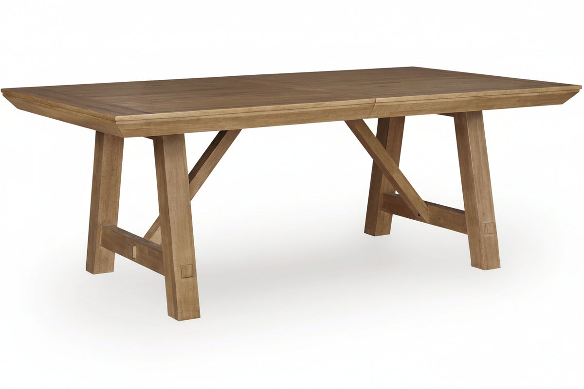 Wooden dining table with X-shaped leg design on a white background