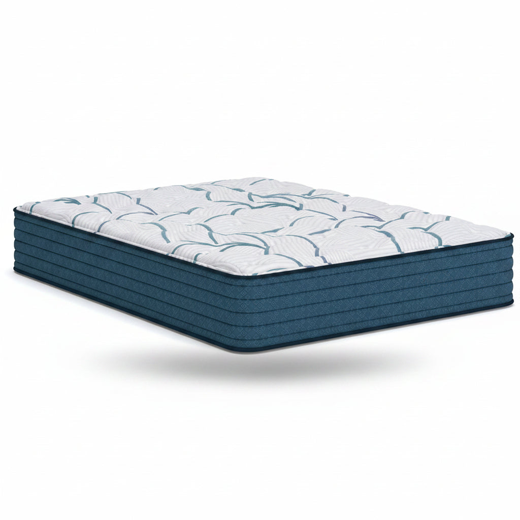 A high-profile mattress with a white patterned top and a dark teal blue side and base, shown on a plain white background.