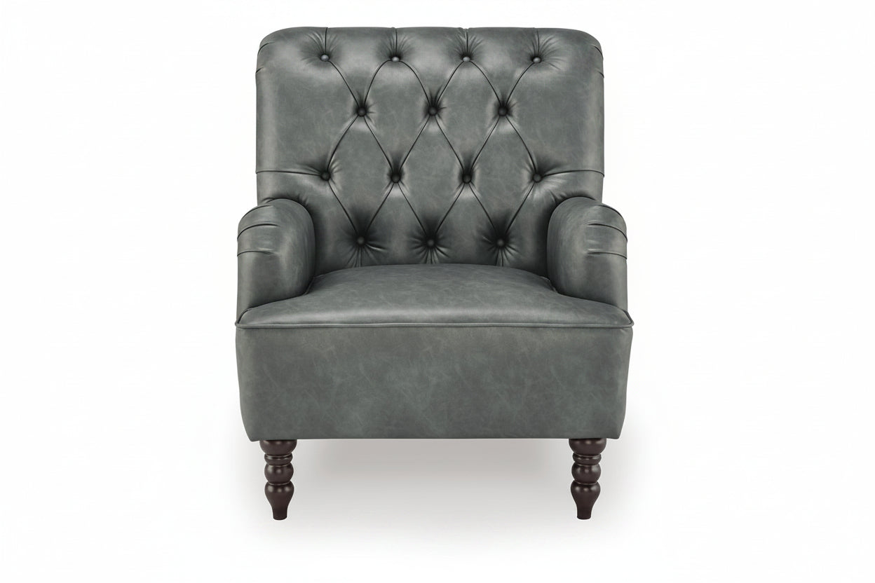 A gray tufted armchair with dark brown turned wooden legs, shown against a plain white background.
