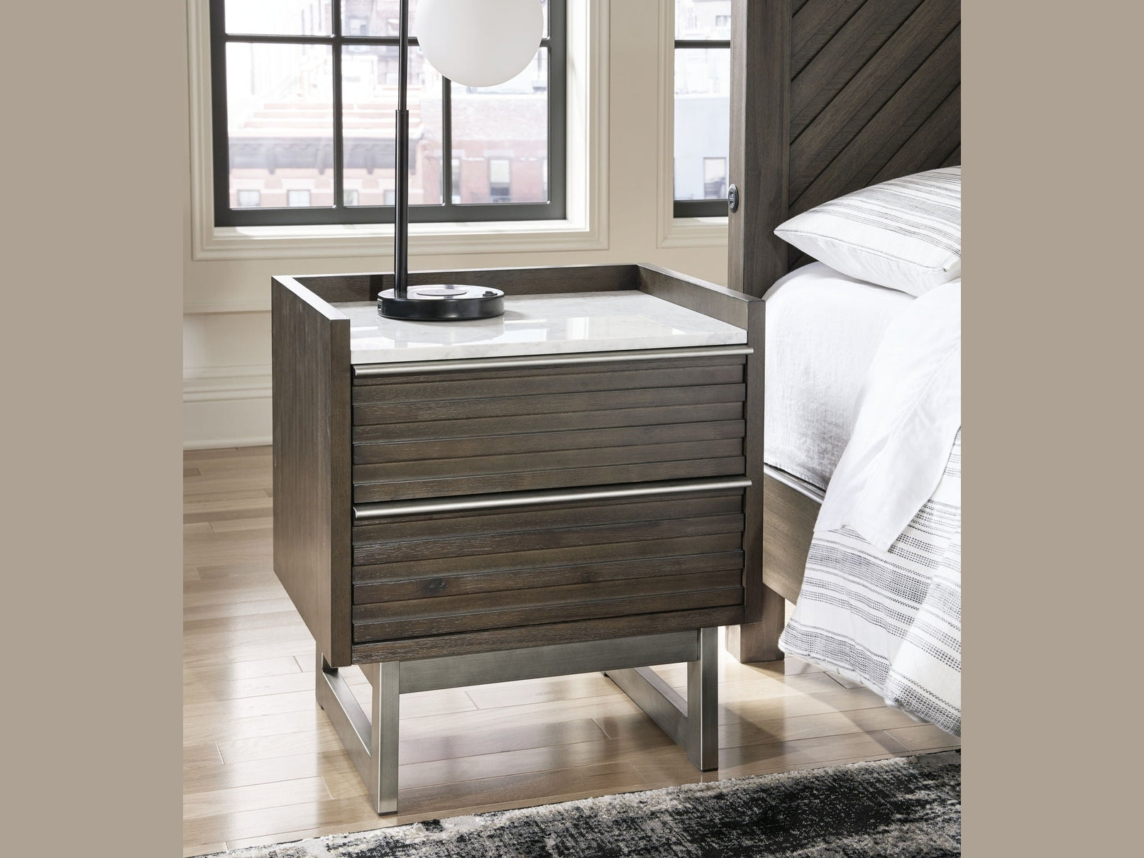 Arkenton - Two Drawer Night Stand - Grayish Brown / White