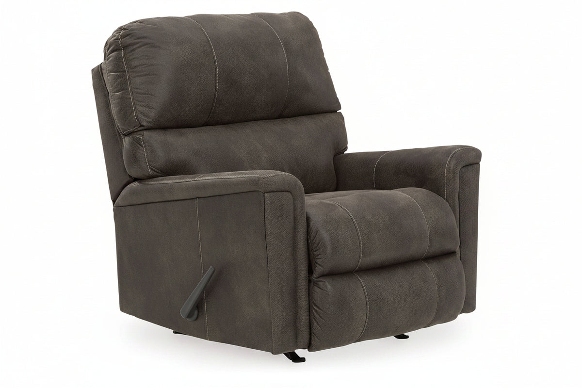 A dark brown faux-leather recliner chair with a high back, padded armrests, and a side lever for reclining, shown on a plain white background.