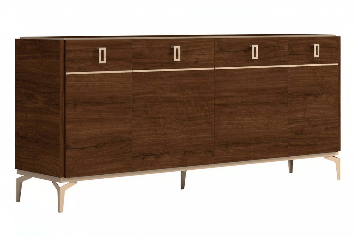 Wooden sideboard with metallic accents on a white background