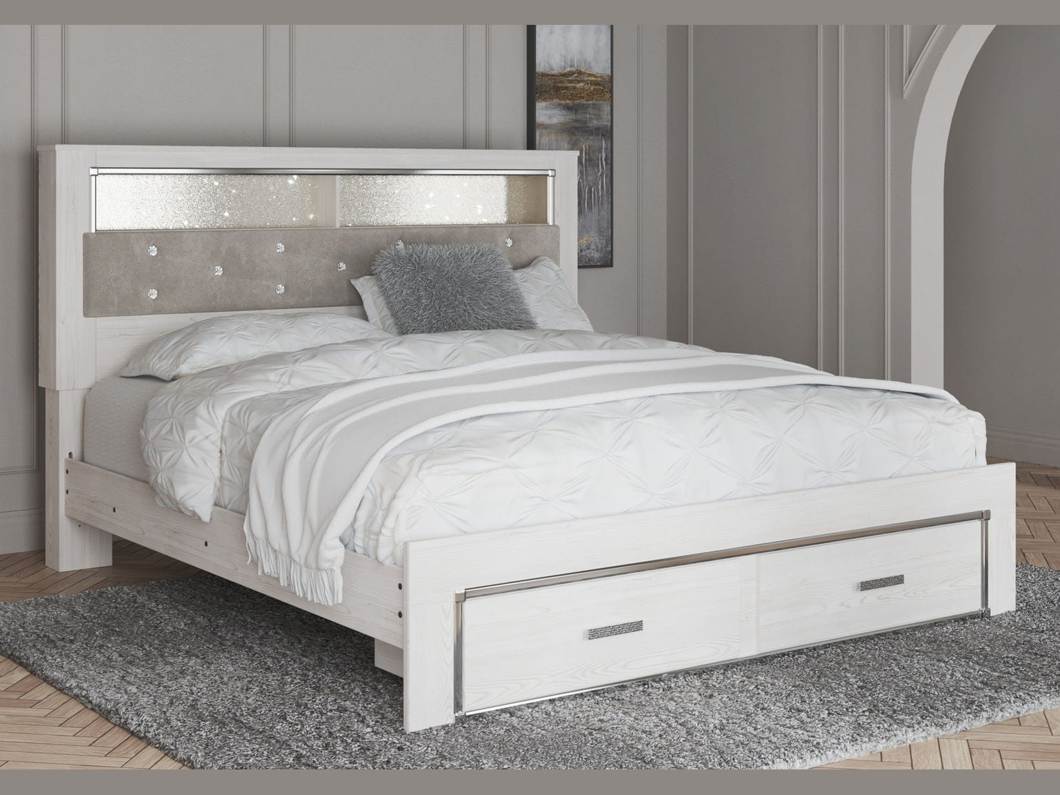 Altyra - King Upholstered Bookcase Bed With Storage - White