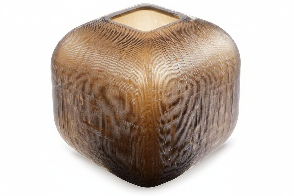 Decorative vase with woven design on a white background