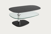 Cali modern coffee table with glass shelf and black base on a white background
