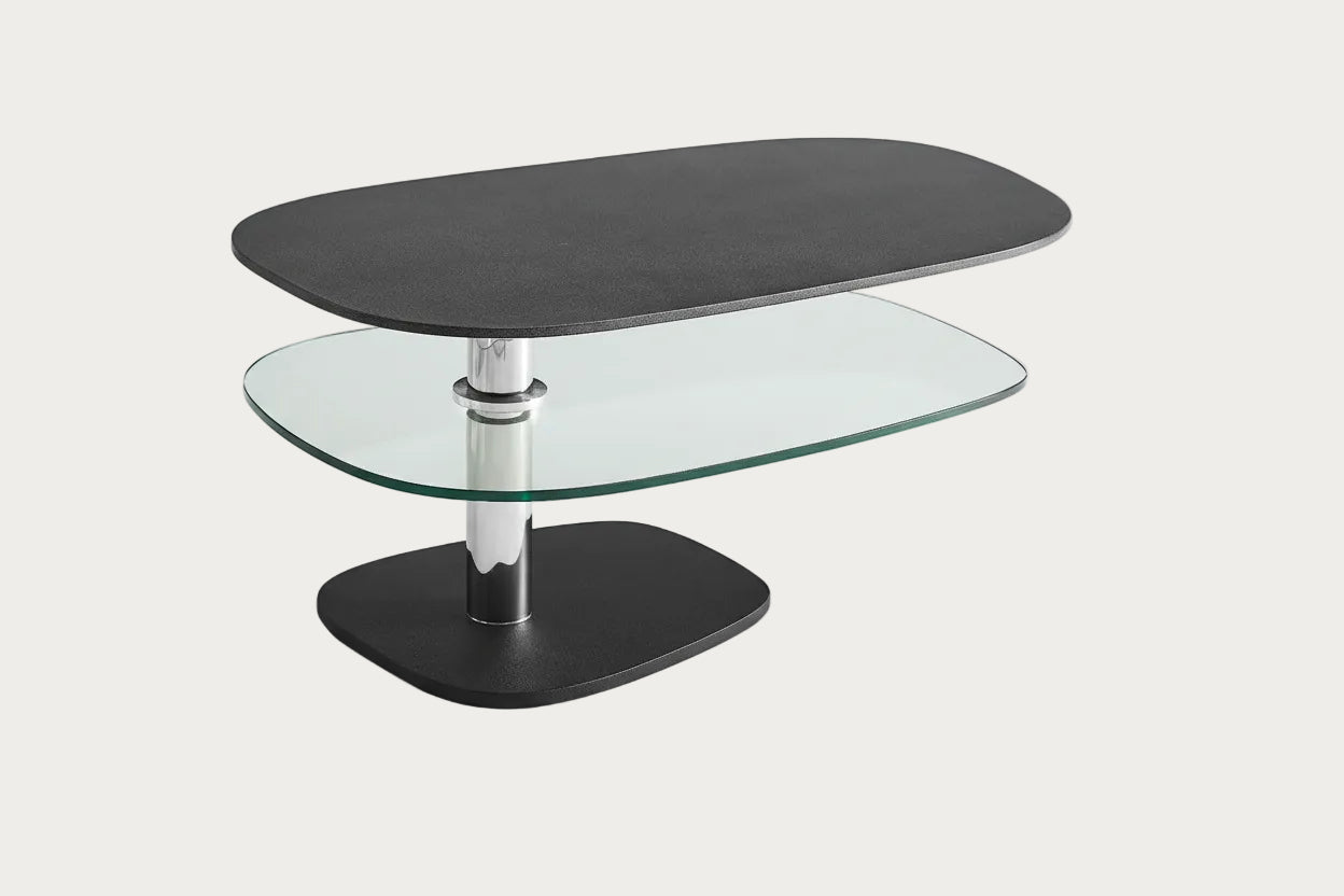 Cali modern coffee table with glass shelf and black base on a white background