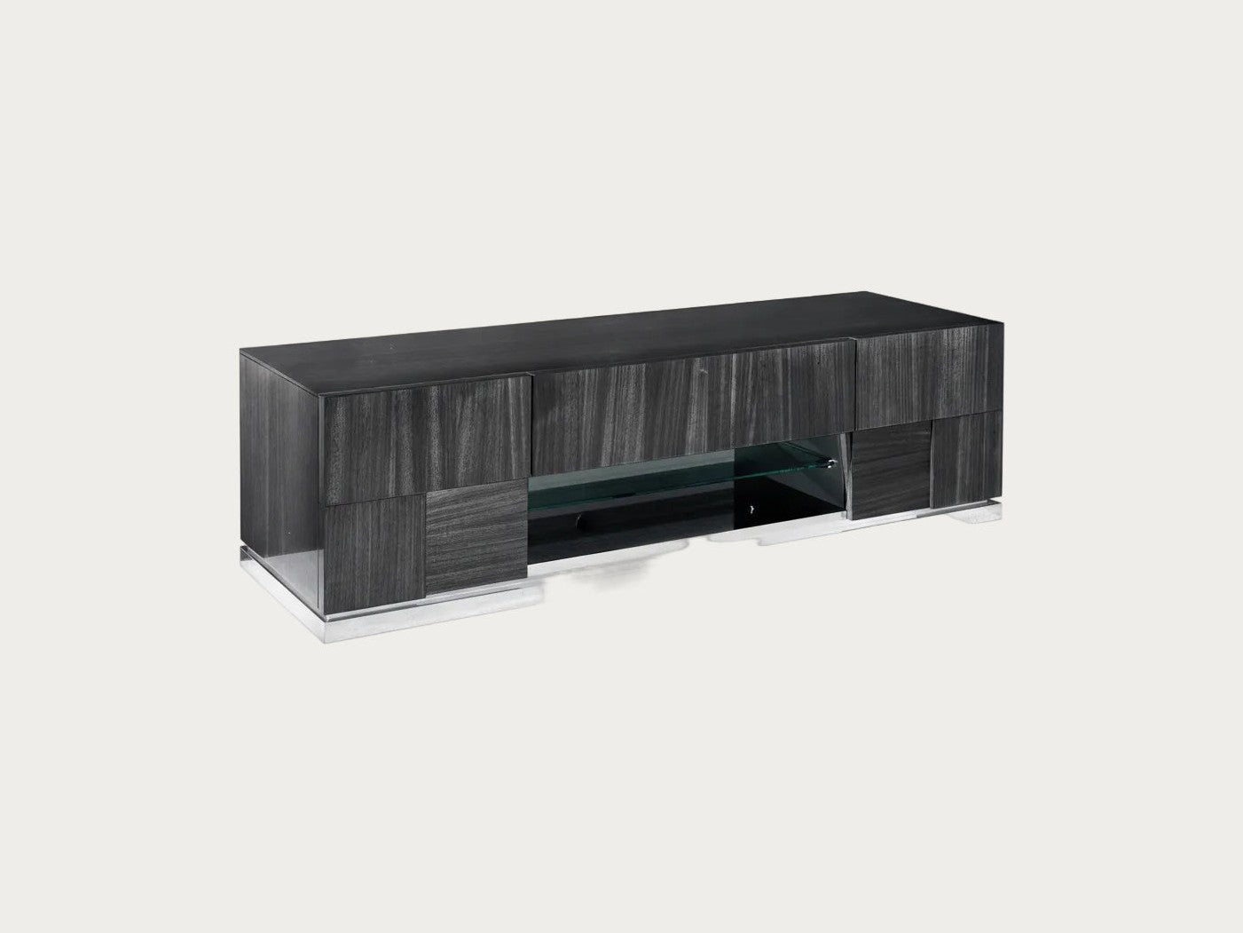 Monte Carlo TV stand with dark wood finish and glass shelf on a white background
