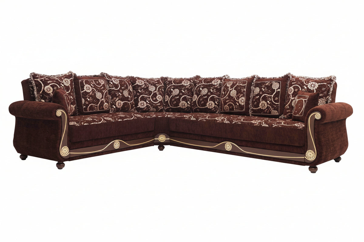A luxury sectional sofa in dark brown velvet with ornate gold trim and a matching brown and beige floral patterned fabric on the seat and back cushions, shown against a plain white background.
