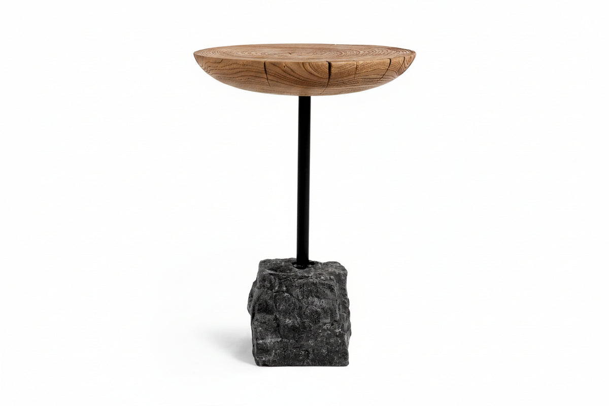 Side table with wooden top and stone base on a white background