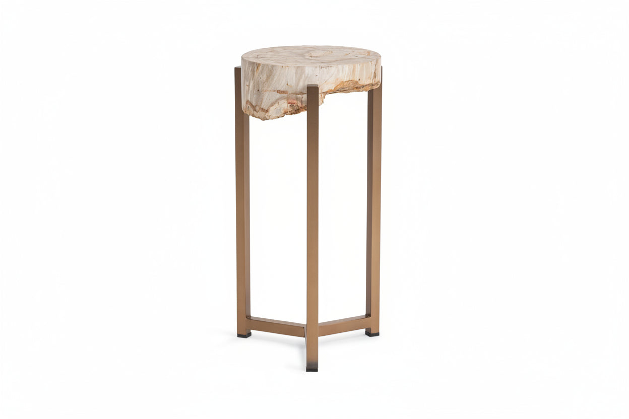 Decorative stool with a stone top and metal frame on a white background