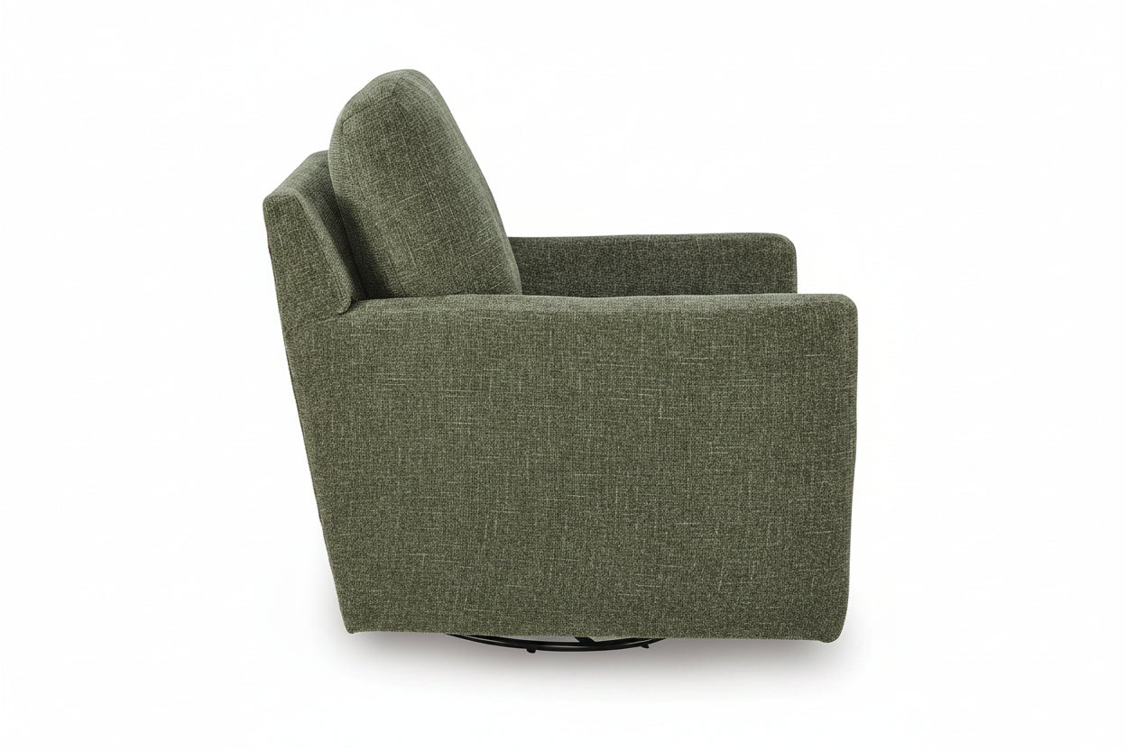 An upholstered swivel armchair in textured olive green fabric, shown from a side angle against a plain white background.