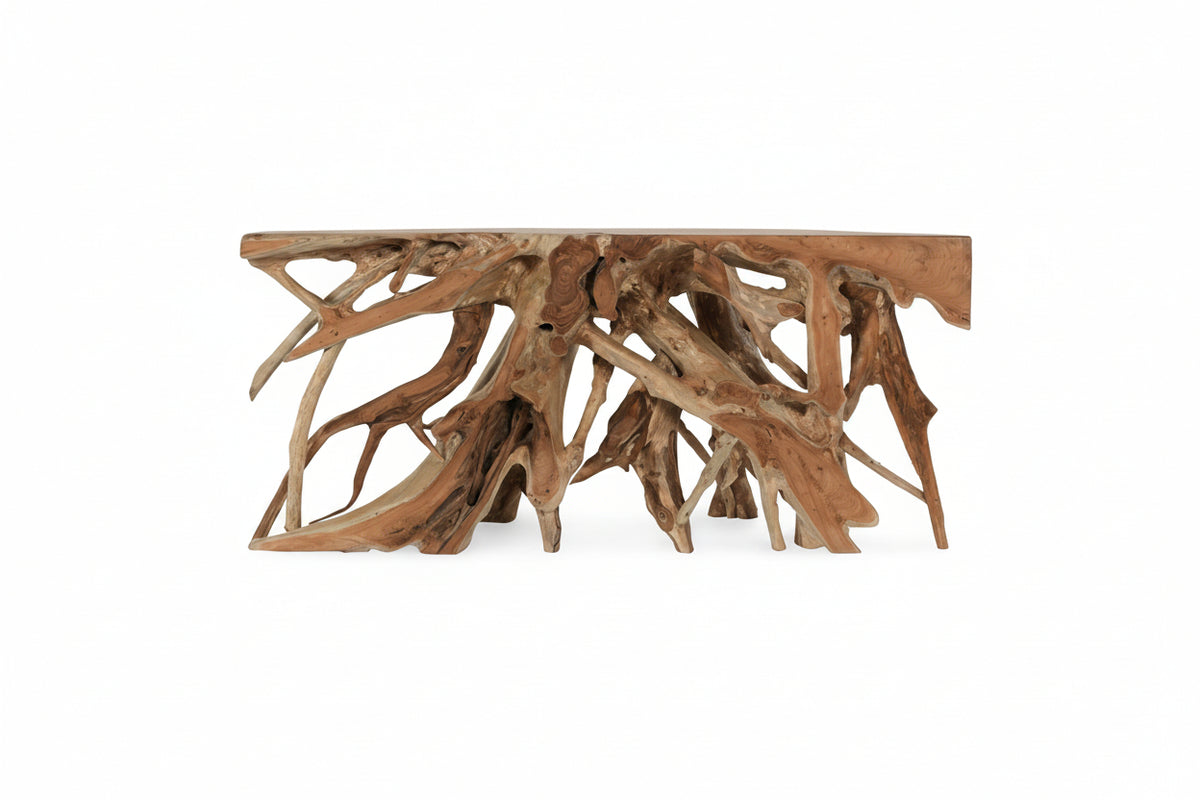 Driftwood console table on a white background
