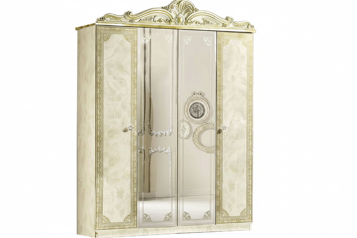Decorative wardrobe with intricate gold detailing on a white background