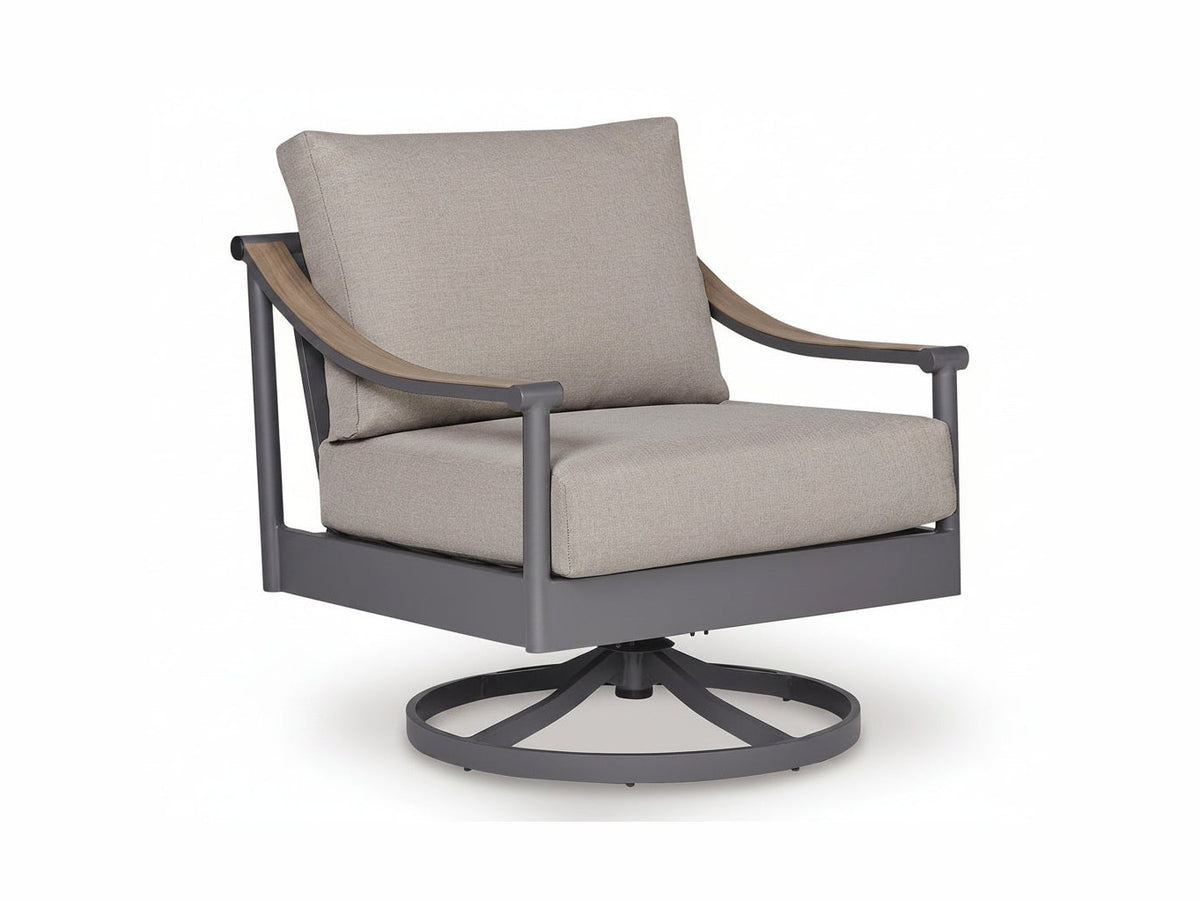 Gray swivel chair with beige cushions on a white background