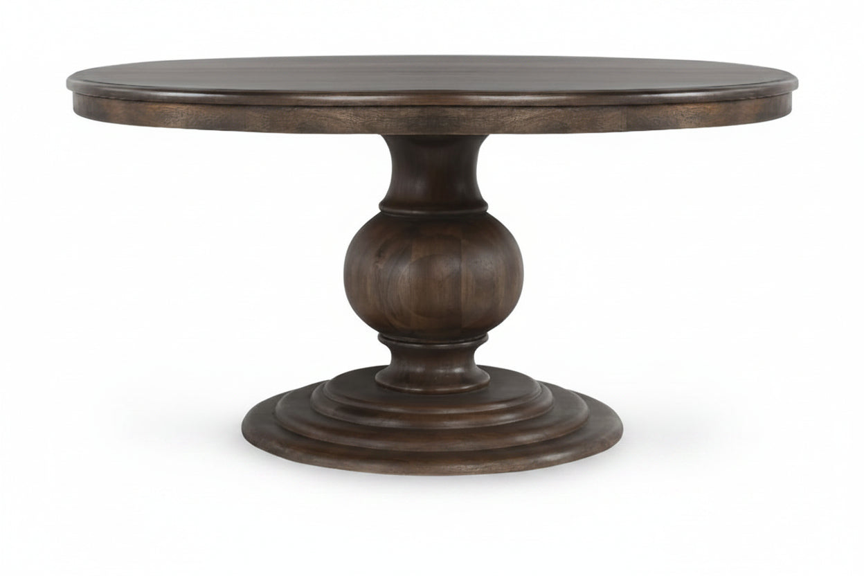 Round wooden table with a dark finish on a white background
