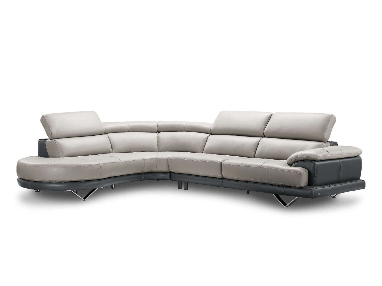 A contemporary two-tone gray leather sectional sofa features adjustable headrests and sleek chrome legs.