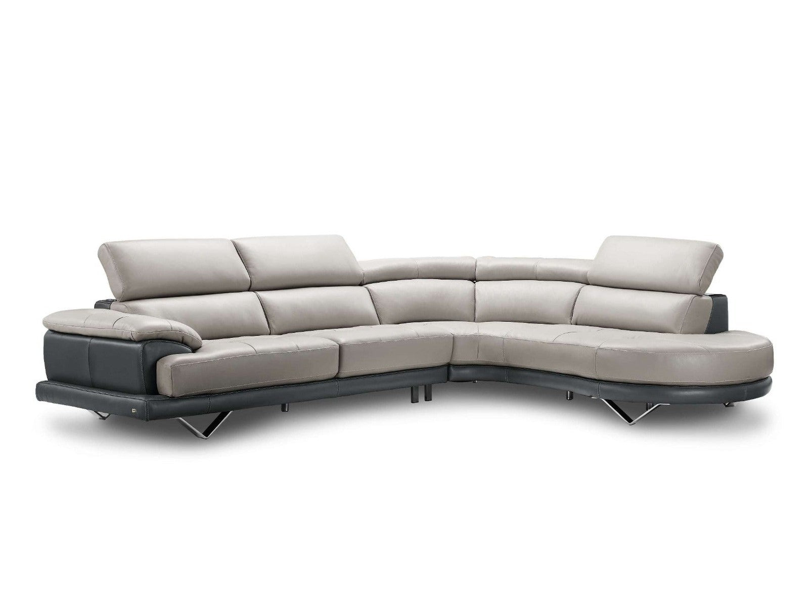A modern two-tone leather curved sectional sofa showcases adjustable headrests and polished chrome legs for a sophisticated living space.