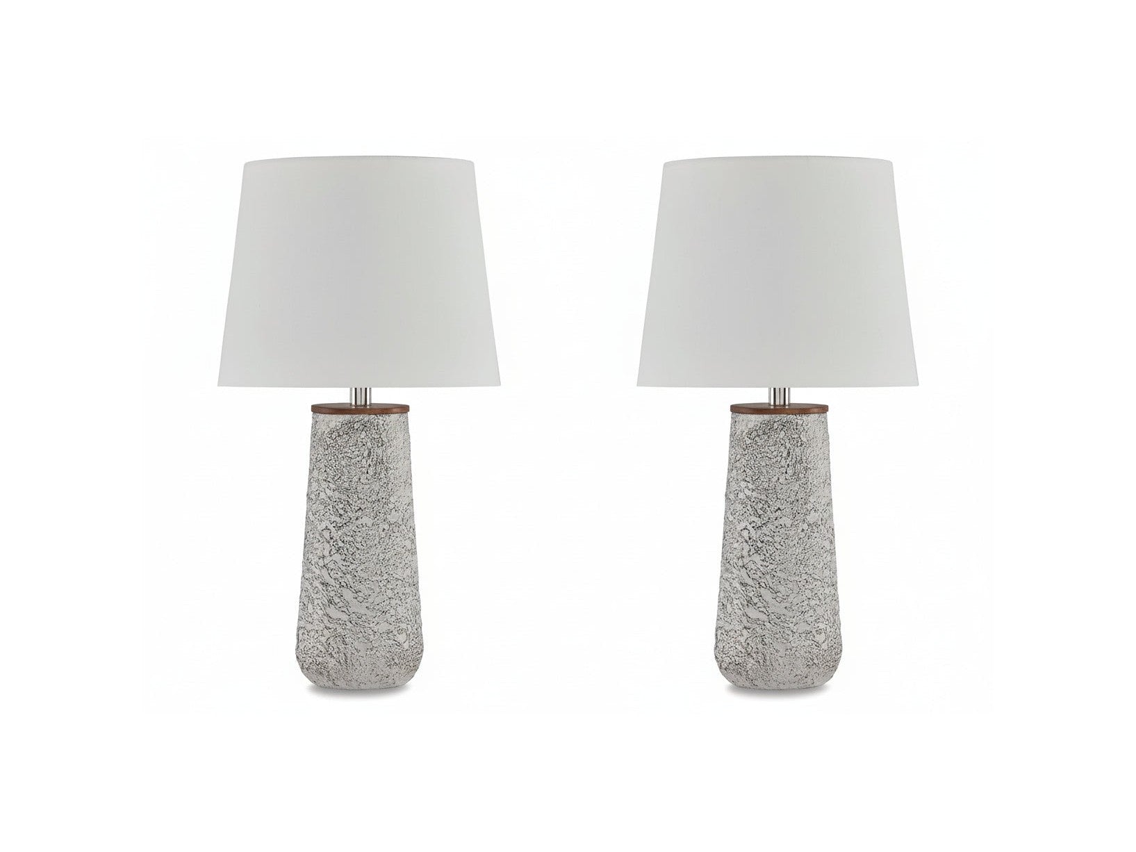 Two Chaston table lamps with textured gray bases and white lampshades on a white background.