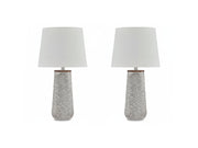 Two Chaston table lamps with textured gray bases and white lampshades on a white background.