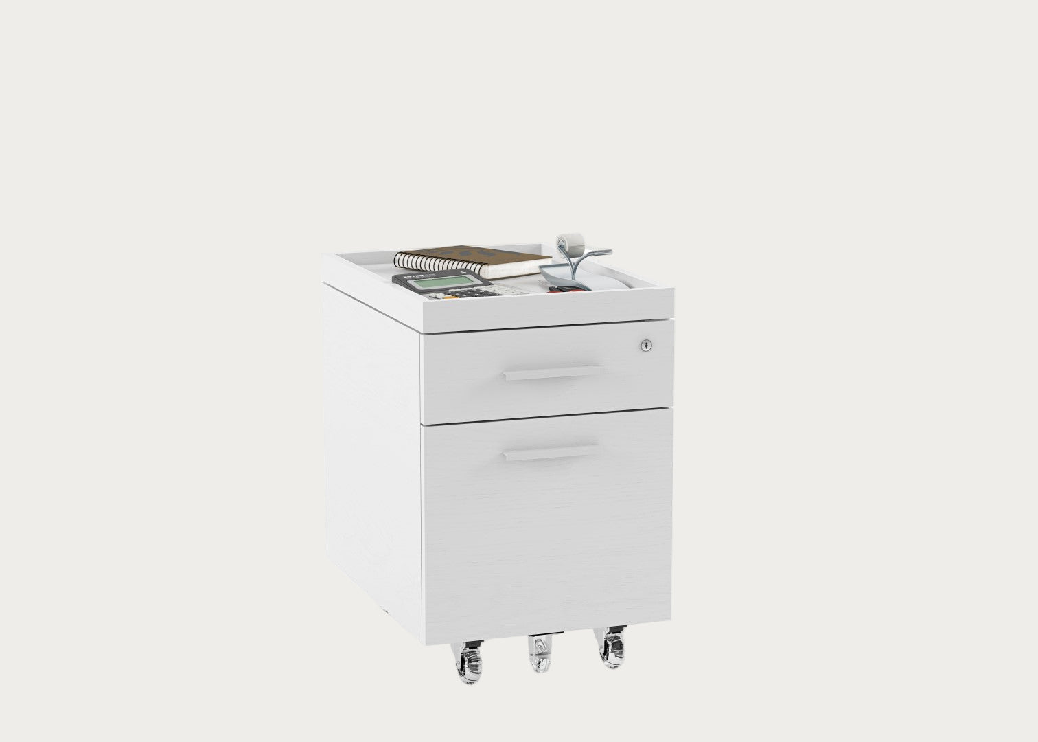 White metal file cabinet with two drawers on a white background