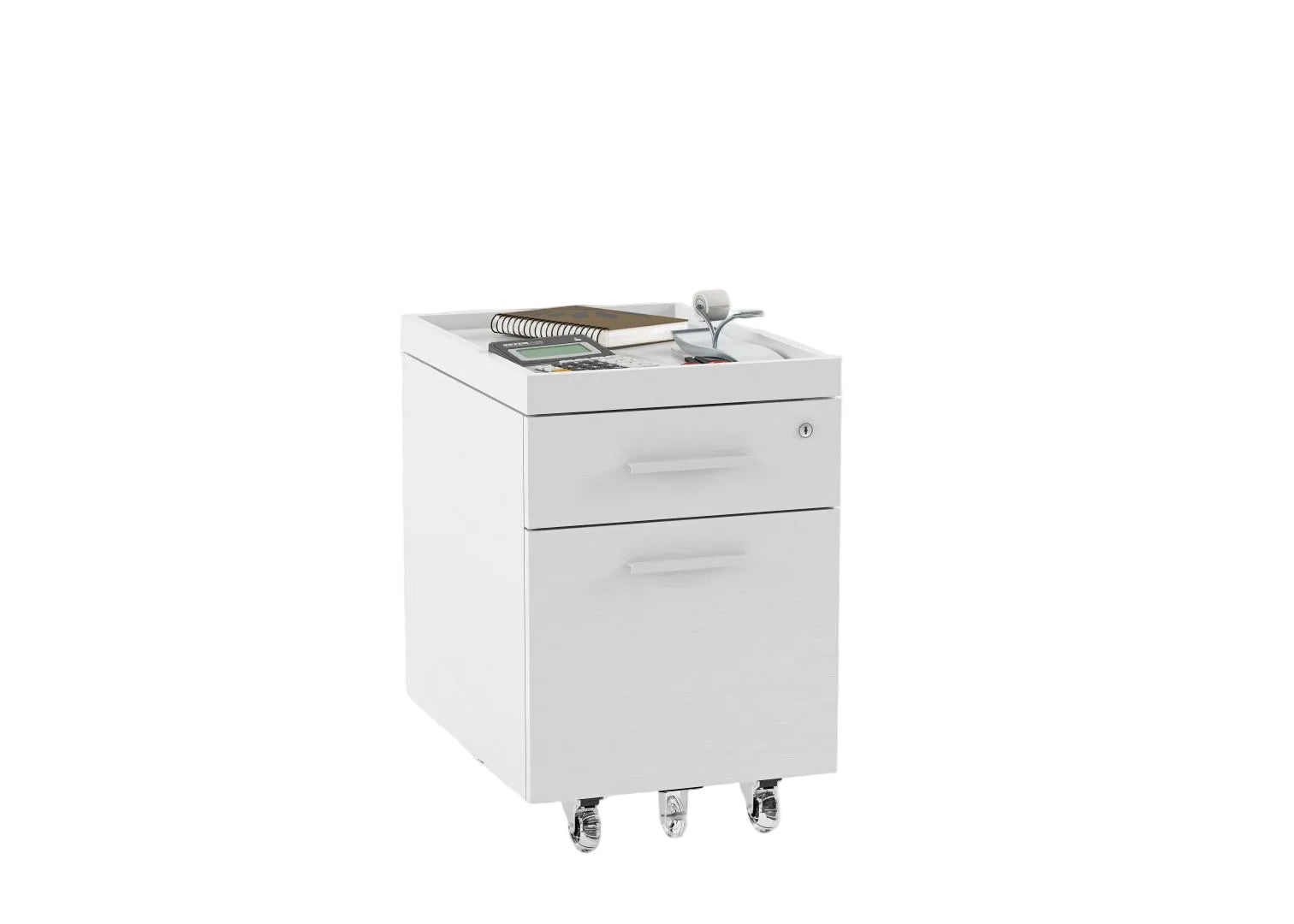 White metal file cabinet with two drawers on a white background