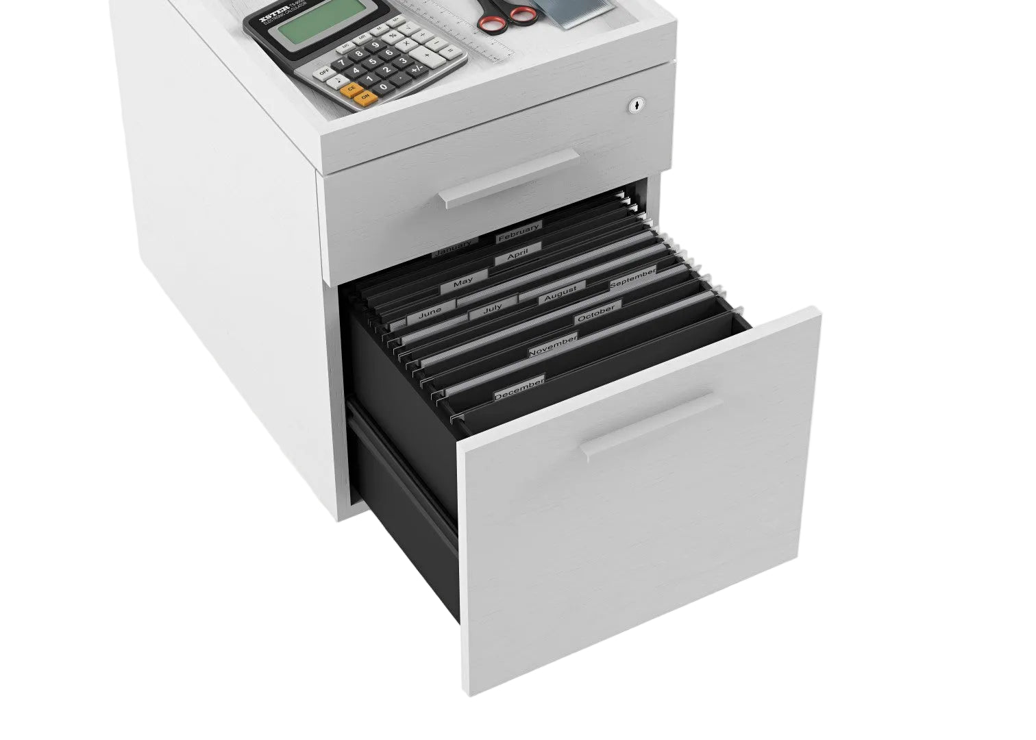 White filing cabinet with open drawer containing files on a white background