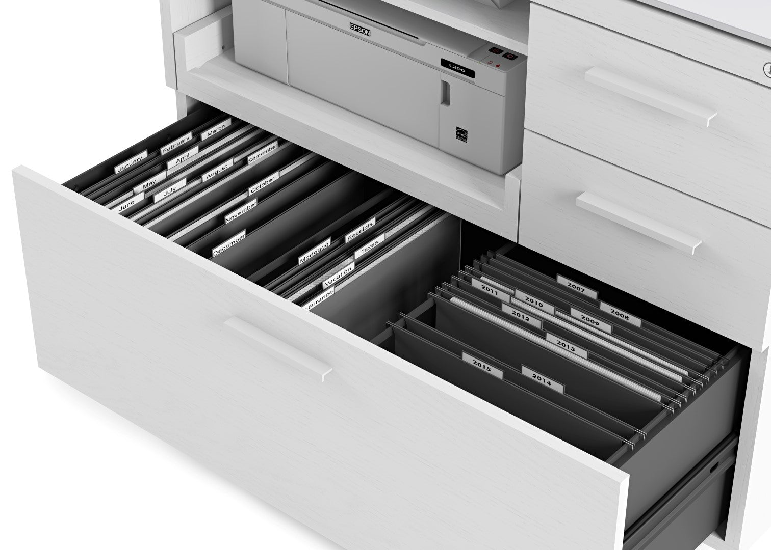 Filing cabinet with open drawers containing labeled files on a white background