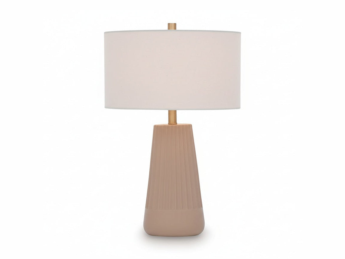 Dellner table lamp with a beige ceramic base and a gray lampshade on a white background