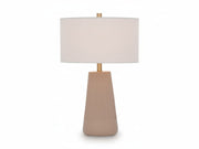 Dellner table lamp with a beige ceramic base and a gray lampshade on a white background