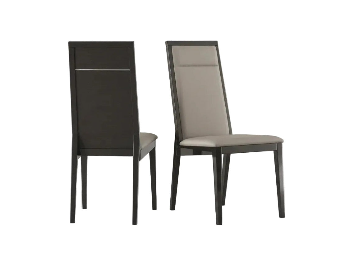 Two dining chairs with dark frames and light gray seats on a white background