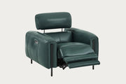 Charm recliner chair upholstered in kelp leather on a white background