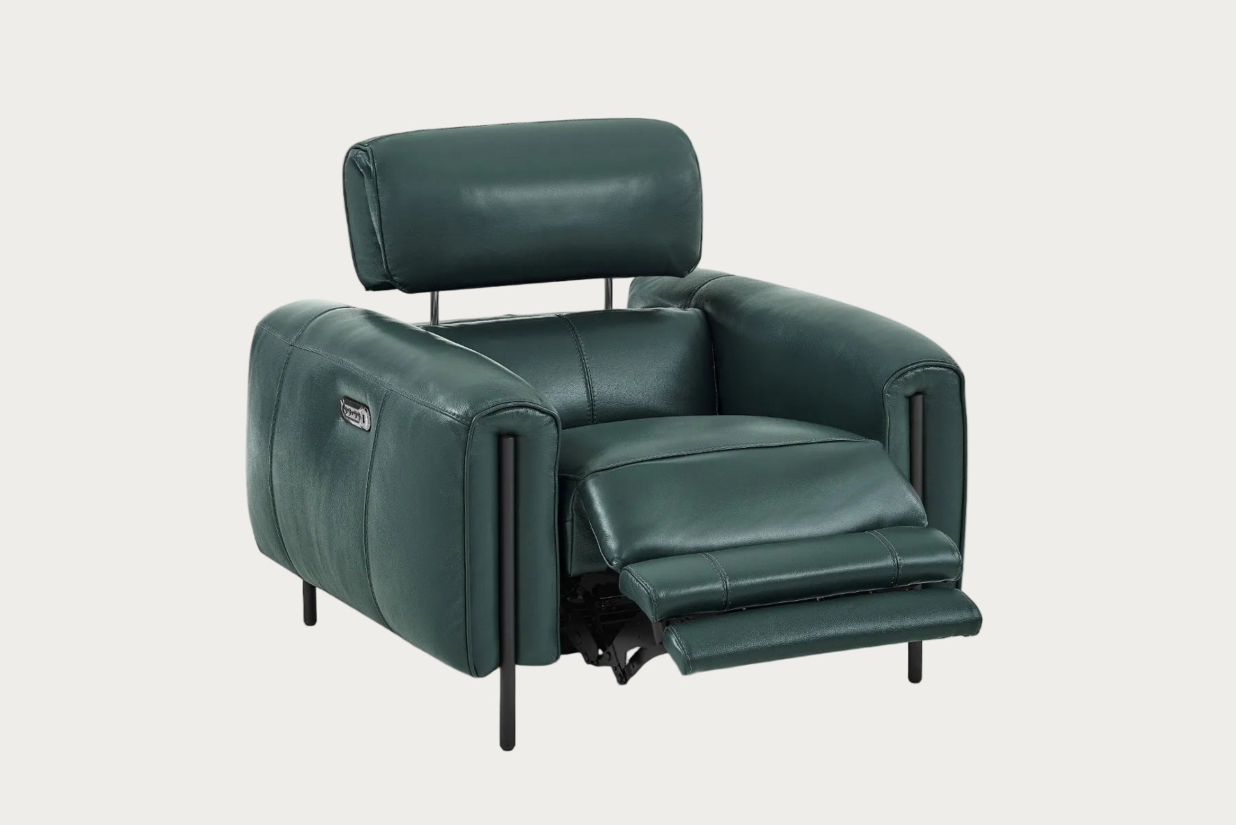 Charm recliner chair upholstered in kelp leather on a white background