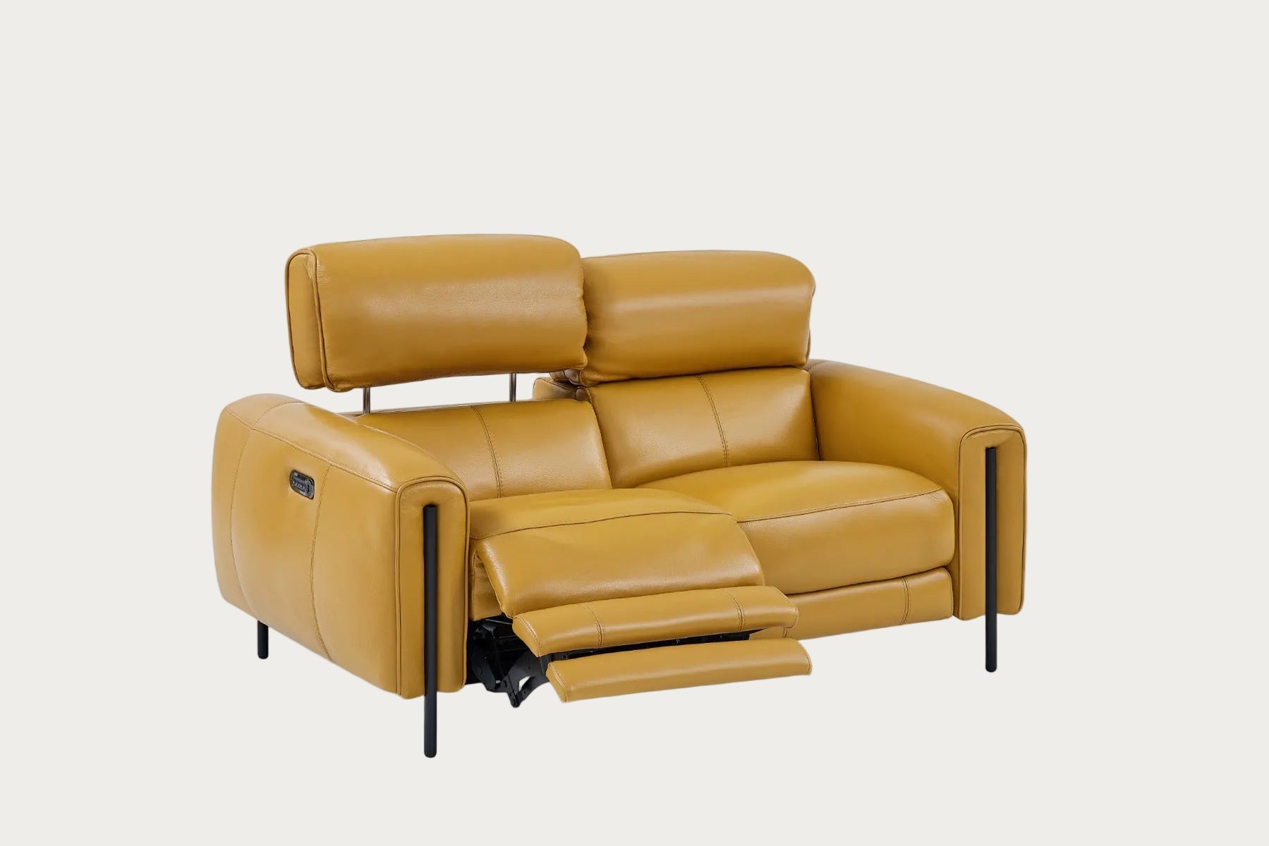 Charm loveseat with two recliners upholstered in honey yellow leather