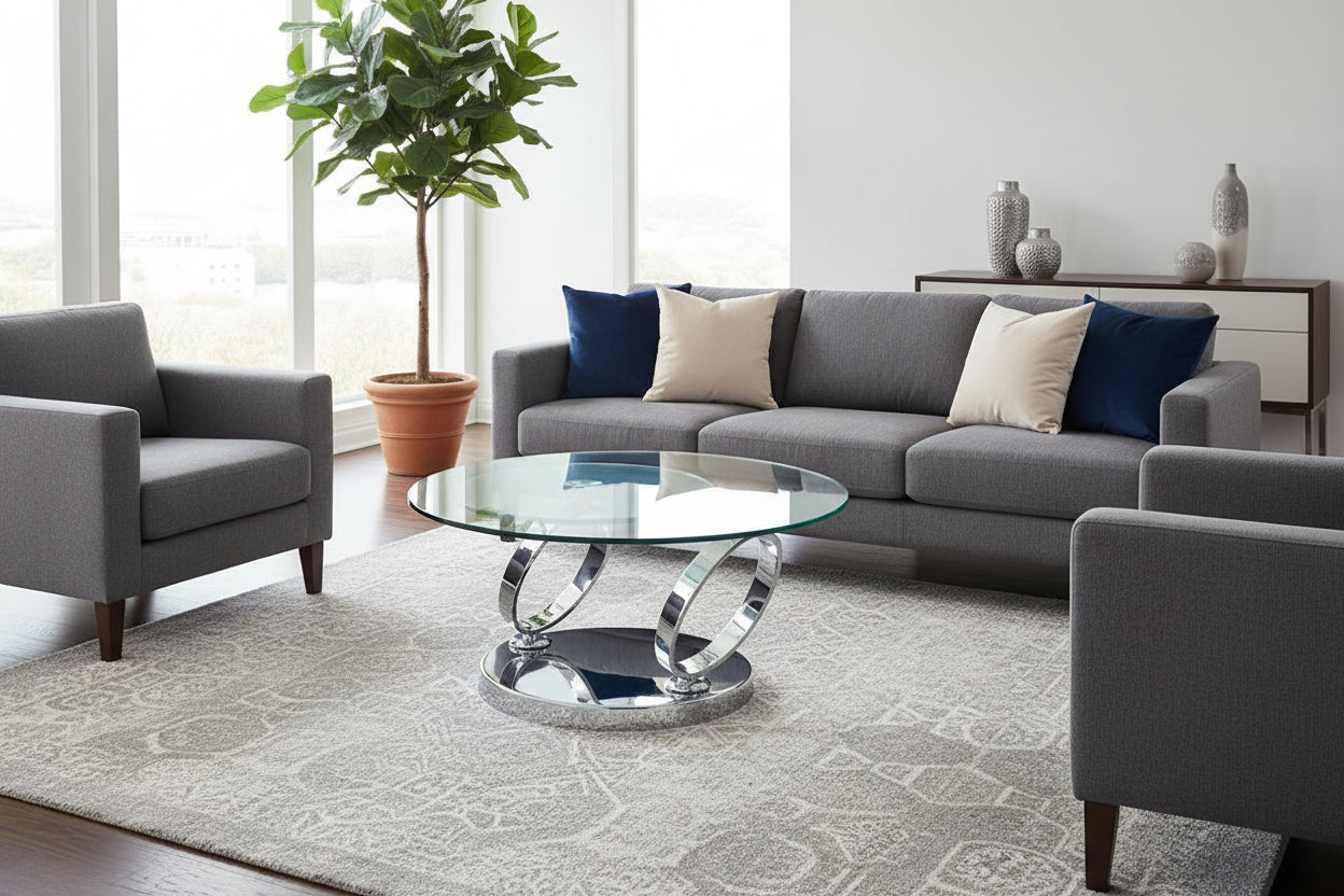 Chicago Glass coffee table with chrome metal base in room scene