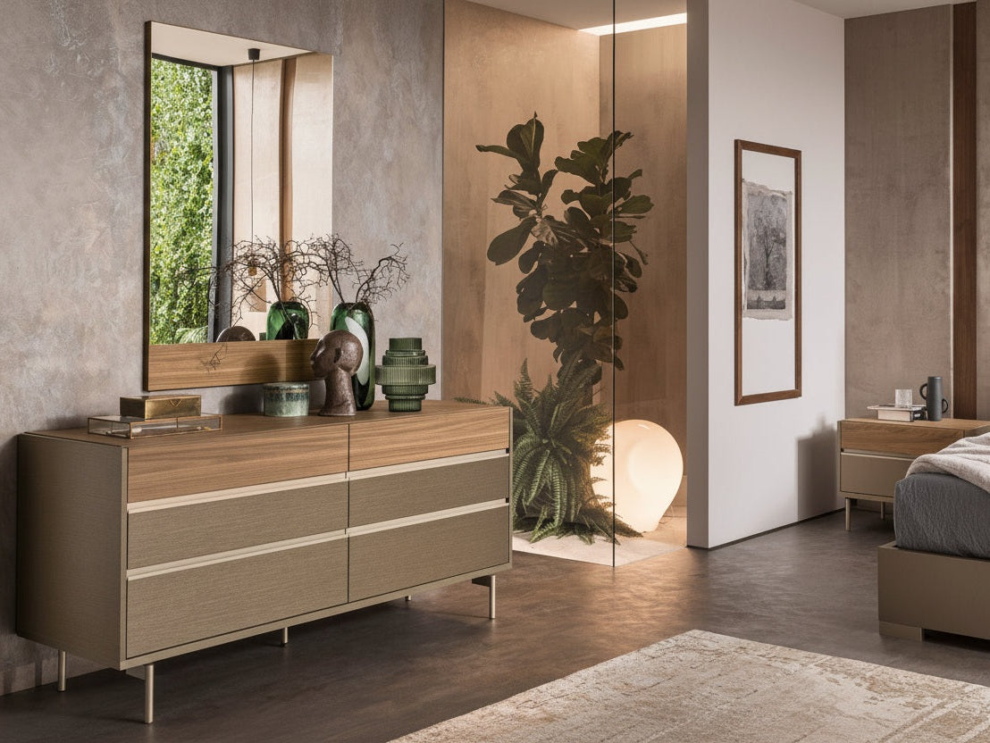 City Life bedroom with a large dresser, mirror, and decorative elements.