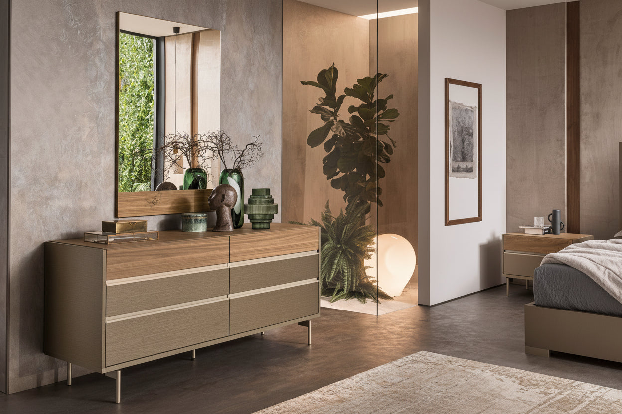 City Life bedroom with a large dresser, mirror, and decorative elements.