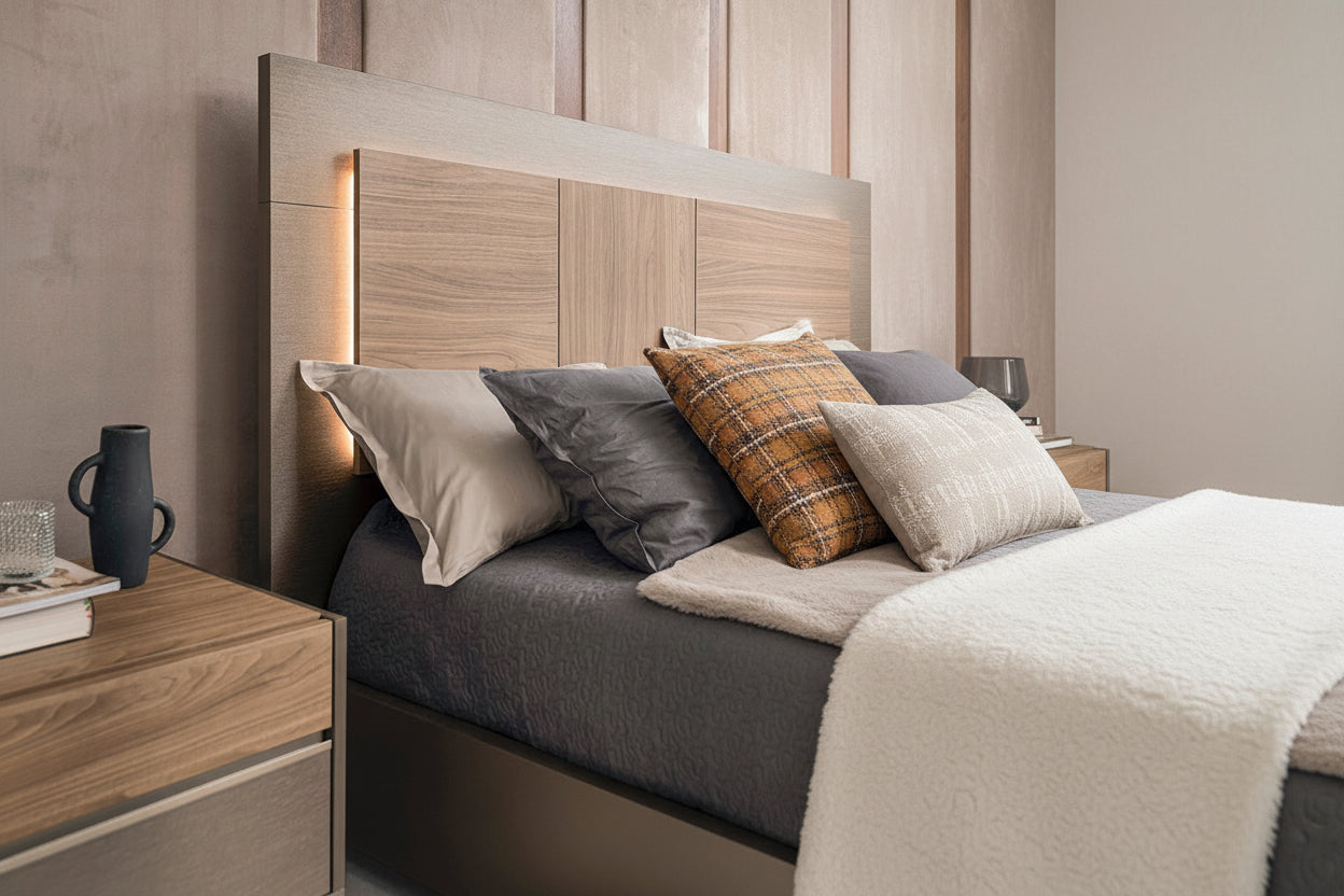 City Life bed with headboard lighting and nightstand, featuring pillows and a vase.