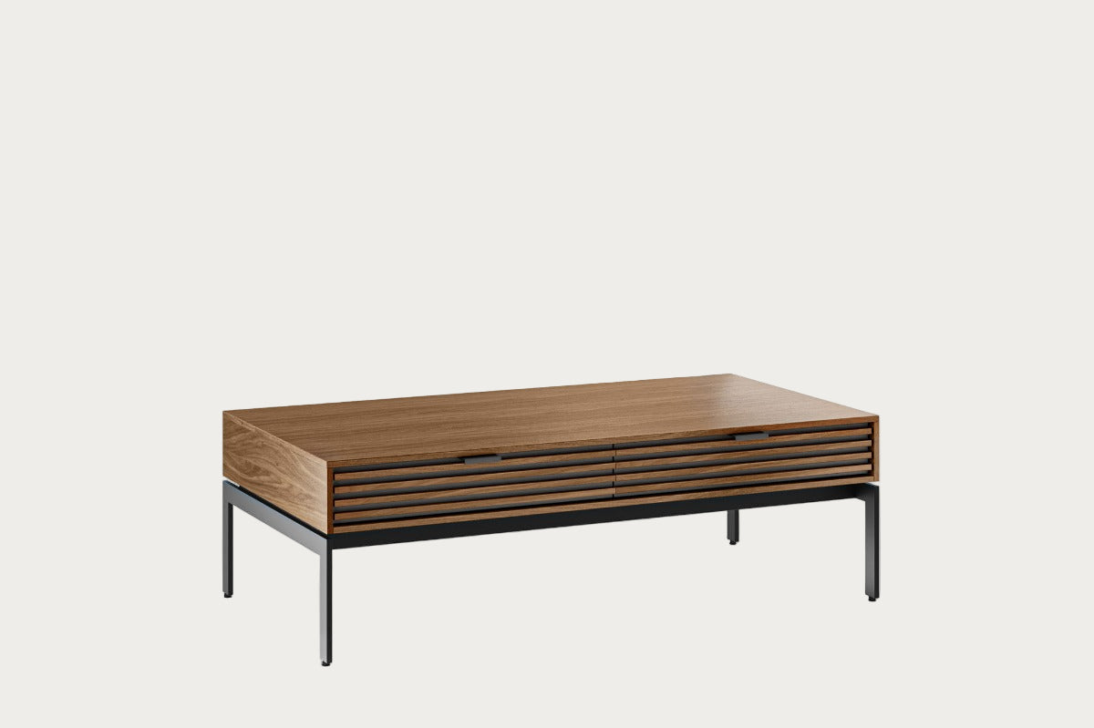 Wooden coffee table with metal legs on a white background