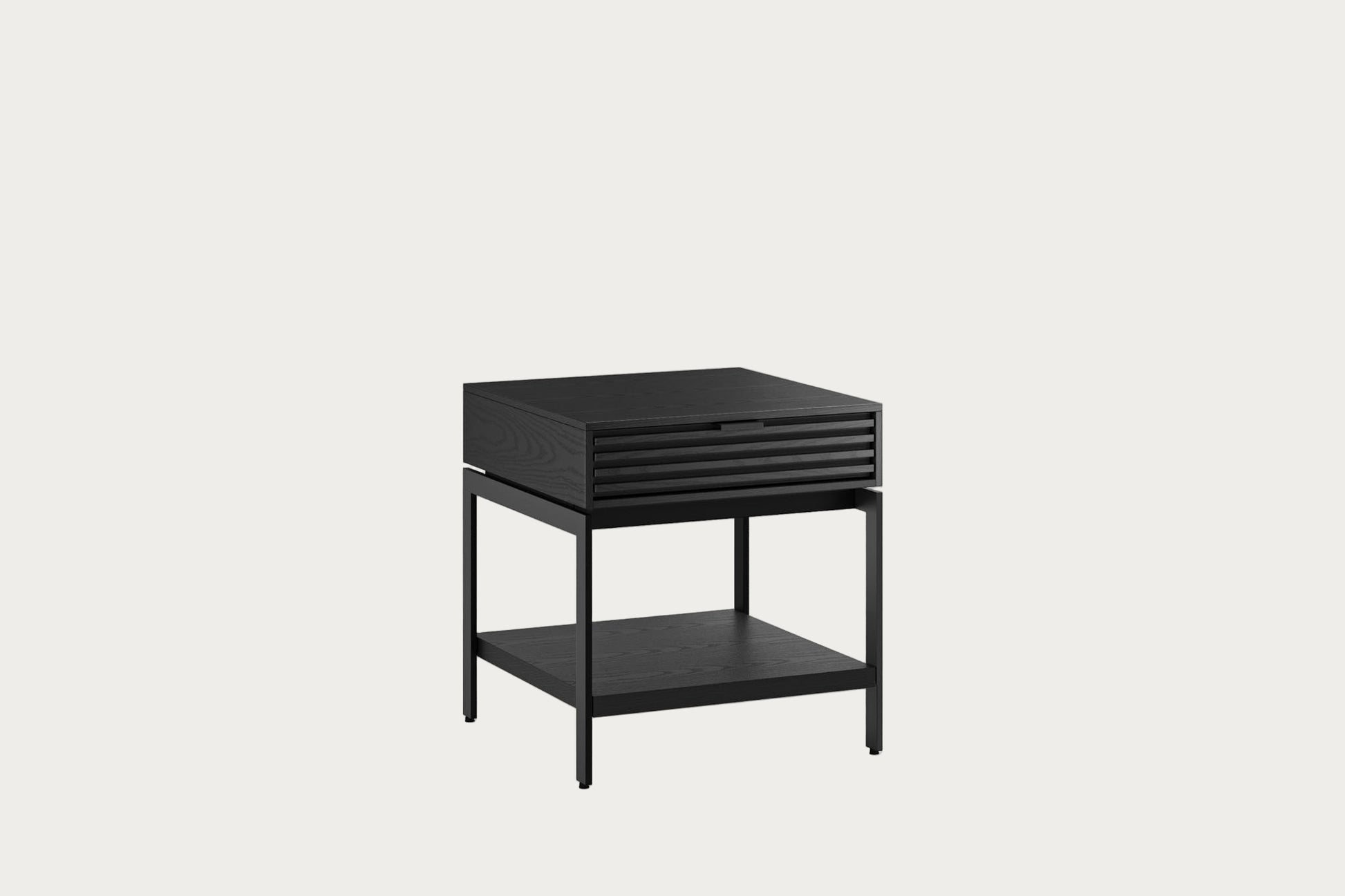 Black side table with a shelf on a white background