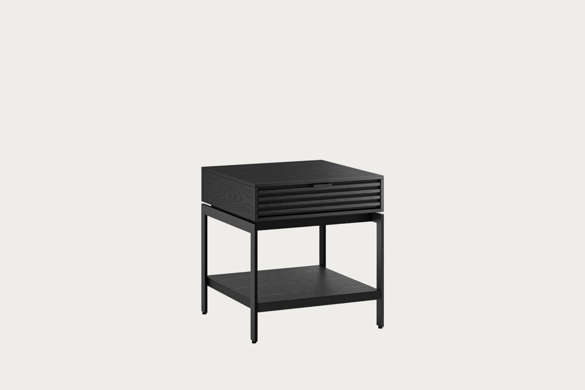 Black side table with a shelf on a white background